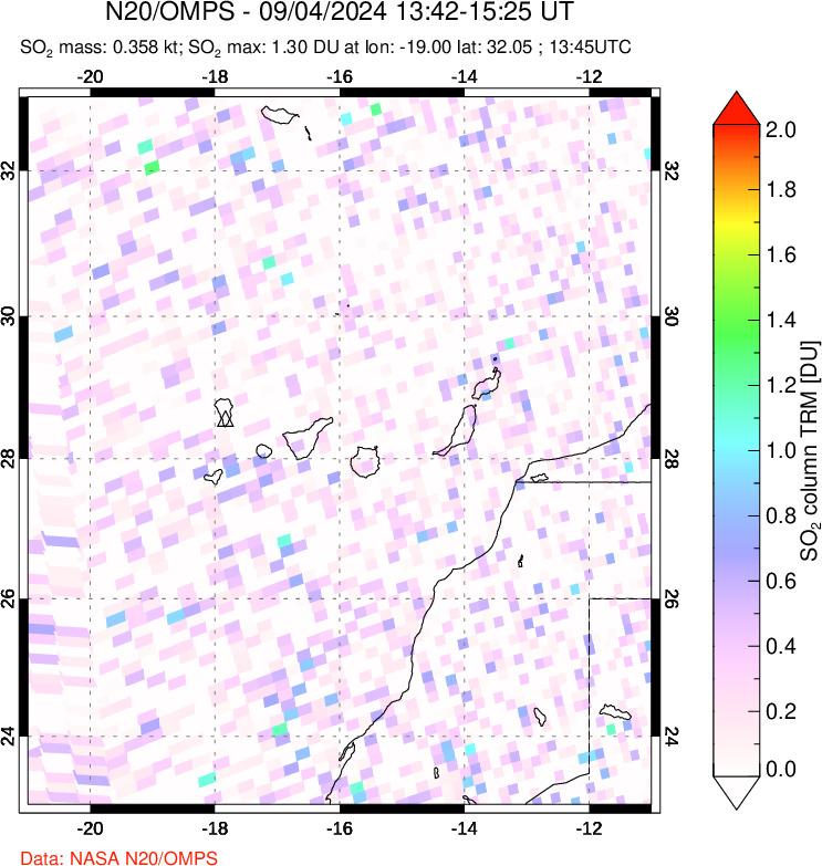 A sulfur dioxide image over Canary Islands on Sep 04, 2024.