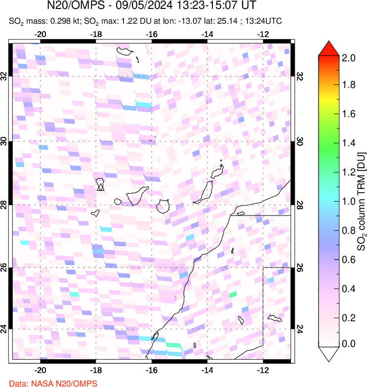 A sulfur dioxide image over Canary Islands on Sep 05, 2024.