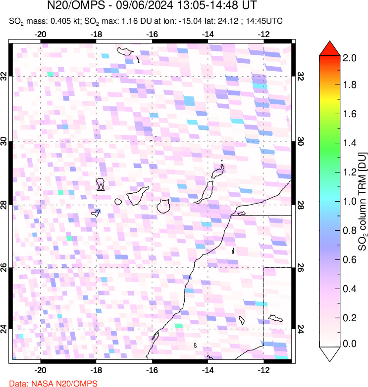 A sulfur dioxide image over Canary Islands on Sep 06, 2024.