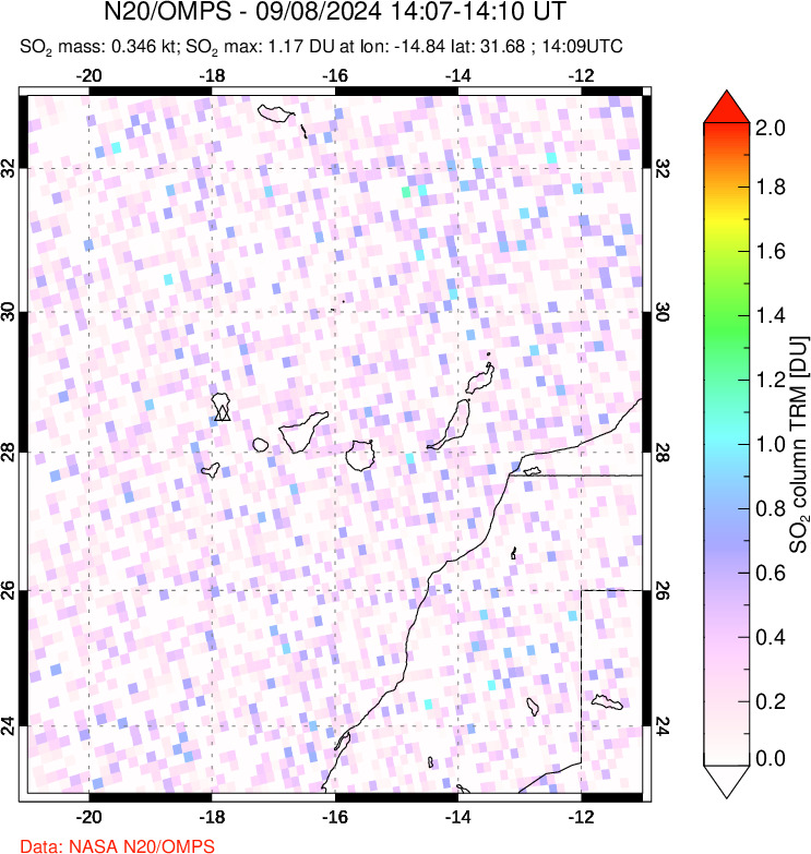 A sulfur dioxide image over Canary Islands on Sep 08, 2024.