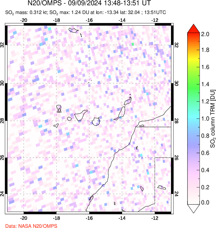 A sulfur dioxide image over Canary Islands on Sep 09, 2024.