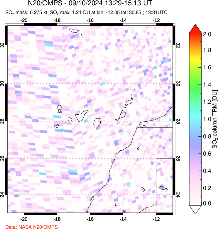 A sulfur dioxide image over Canary Islands on Sep 10, 2024.