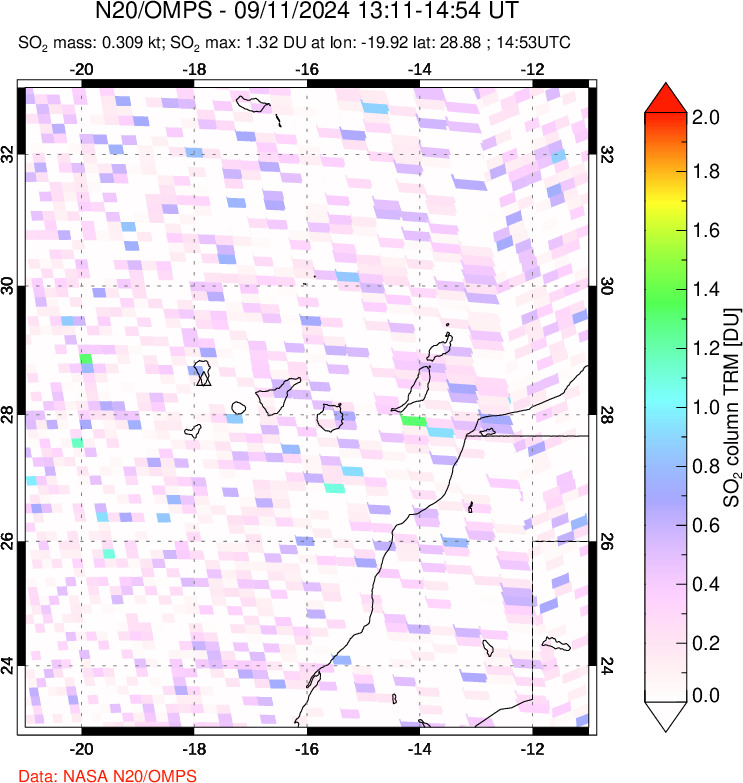 A sulfur dioxide image over Canary Islands on Sep 11, 2024.