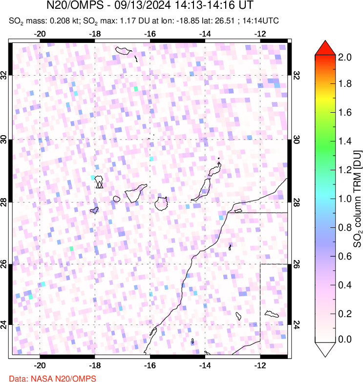 A sulfur dioxide image over Canary Islands on Sep 13, 2024.