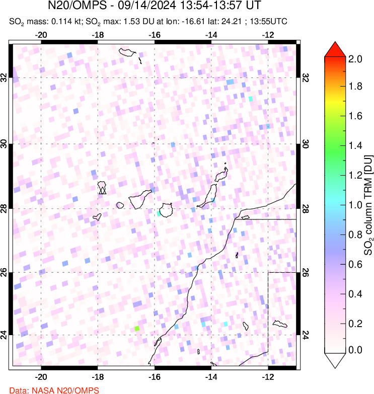 A sulfur dioxide image over Canary Islands on Sep 14, 2024.