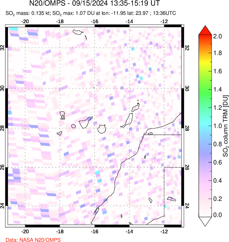 A sulfur dioxide image over Canary Islands on Sep 15, 2024.