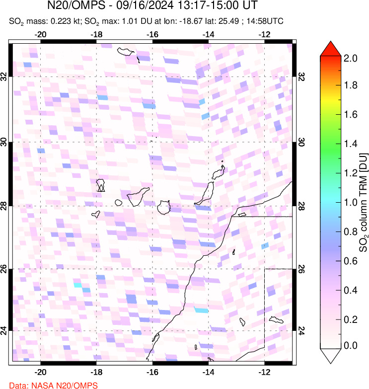 A sulfur dioxide image over Canary Islands on Sep 16, 2024.