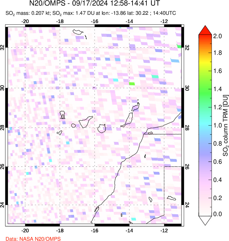 A sulfur dioxide image over Canary Islands on Sep 17, 2024.