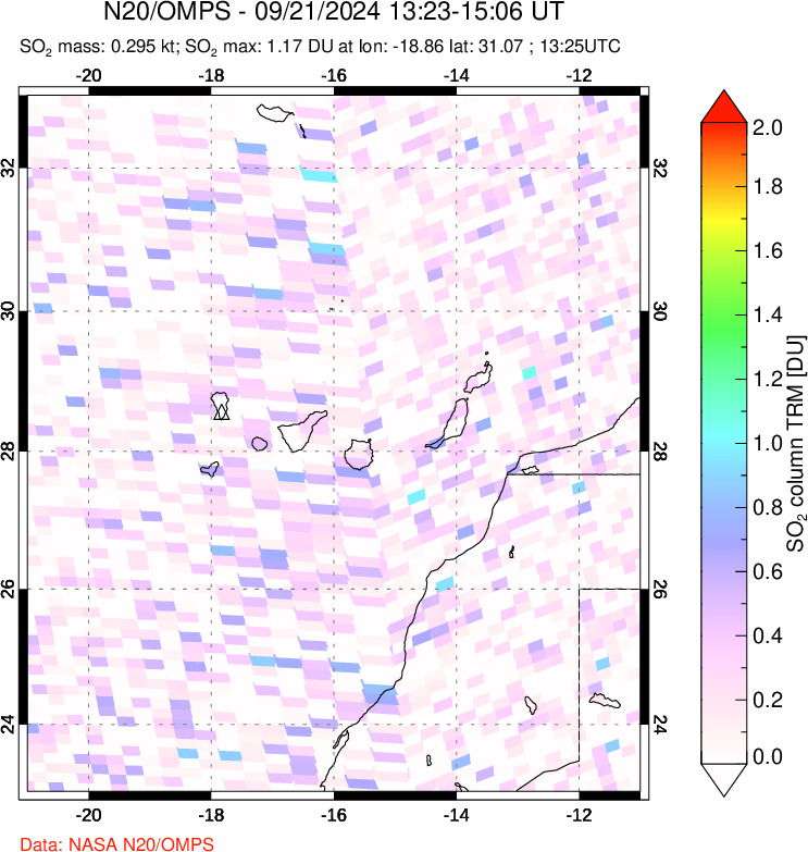 A sulfur dioxide image over Canary Islands on Sep 21, 2024.