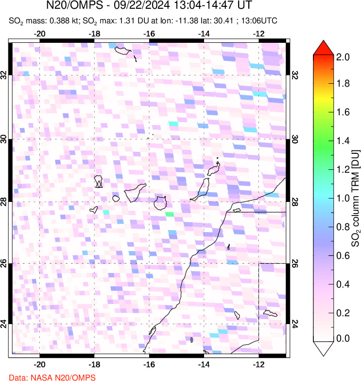 A sulfur dioxide image over Canary Islands on Sep 22, 2024.