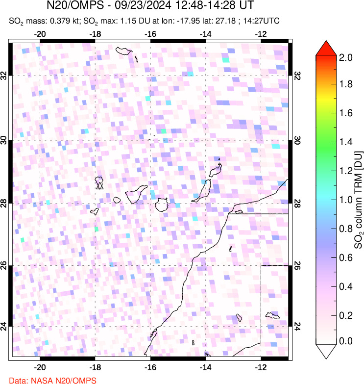 A sulfur dioxide image over Canary Islands on Sep 23, 2024.