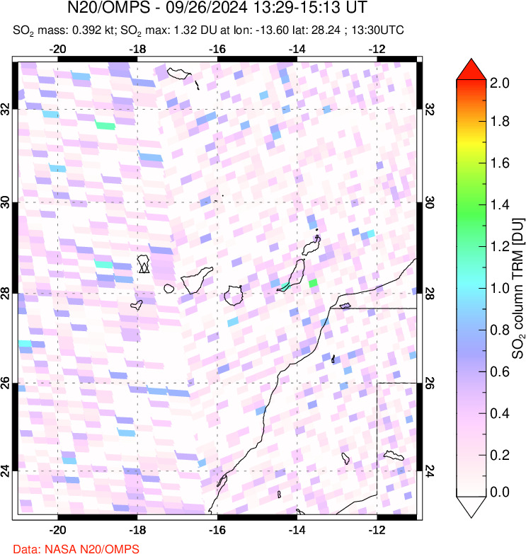 A sulfur dioxide image over Canary Islands on Sep 26, 2024.