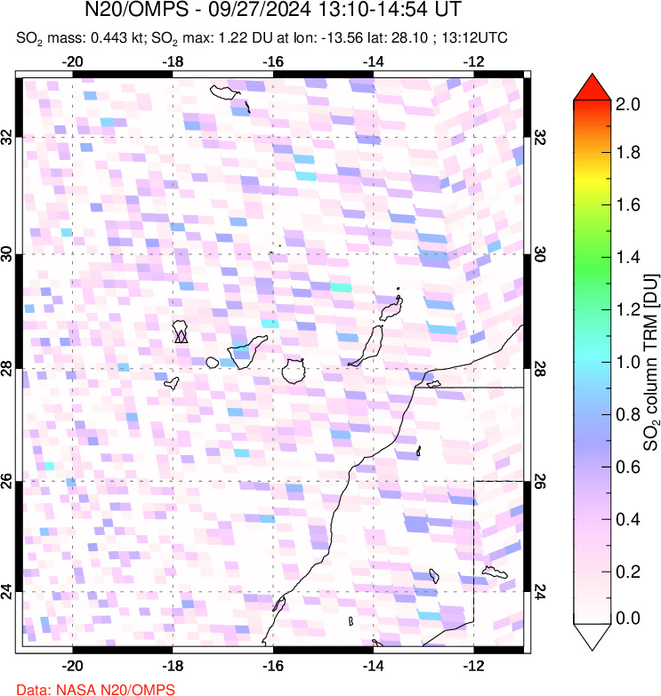 A sulfur dioxide image over Canary Islands on Sep 27, 2024.