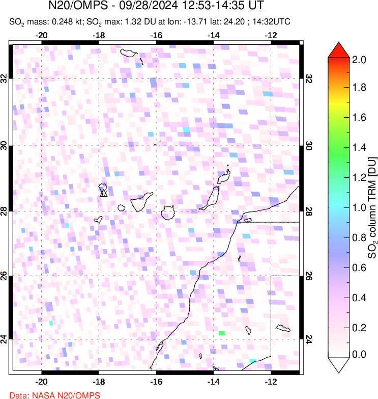 A sulfur dioxide image over Canary Islands on Sep 28, 2024.