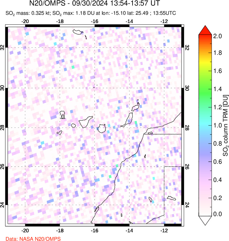 A sulfur dioxide image over Canary Islands on Sep 30, 2024.