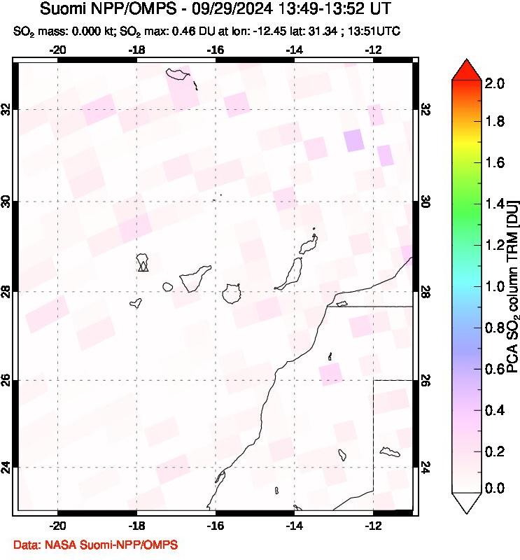 A sulfur dioxide image over Canary Islands on Sep 29, 2024.