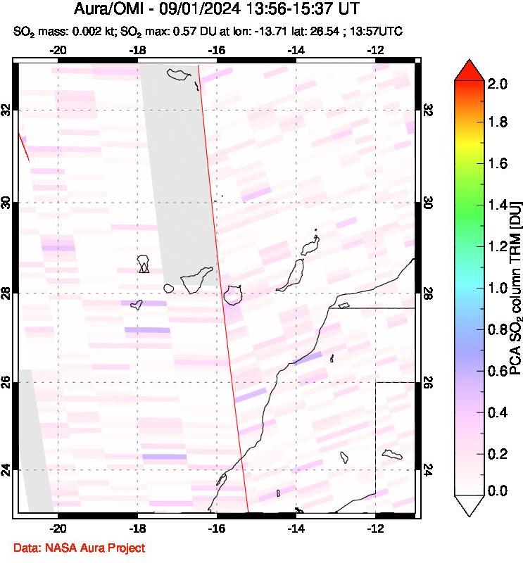 A sulfur dioxide image over Canary Islands on Sep 01, 2024.