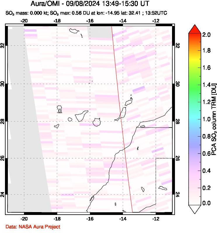 A sulfur dioxide image over Canary Islands on Sep 08, 2024.