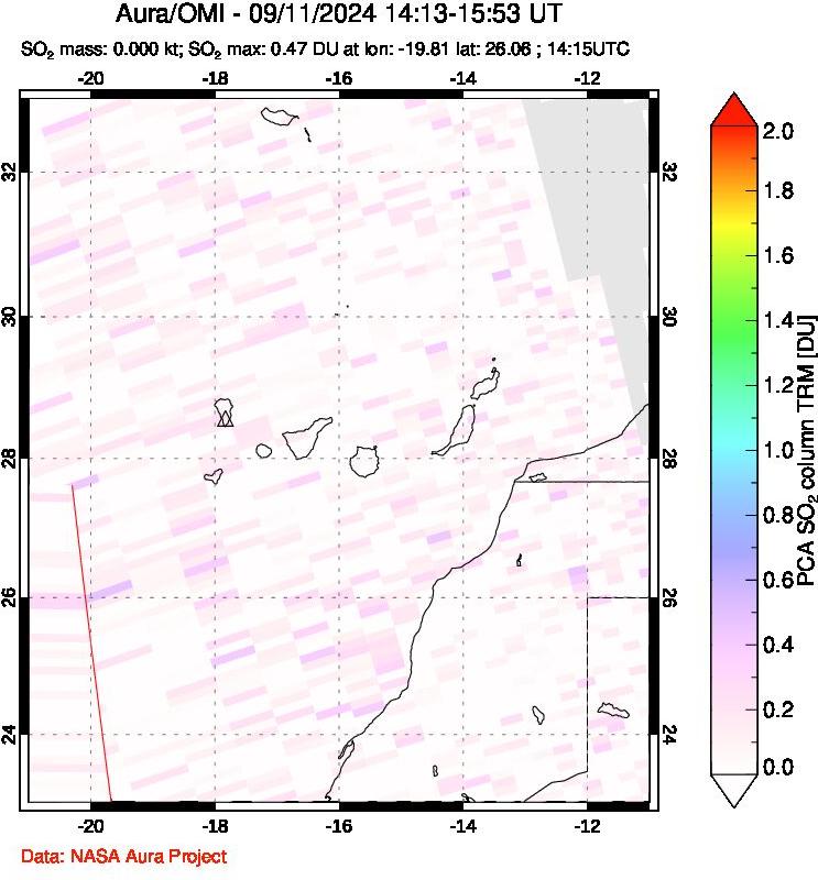 A sulfur dioxide image over Canary Islands on Sep 11, 2024.