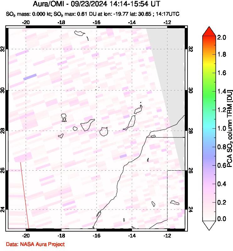 A sulfur dioxide image over Canary Islands on Sep 23, 2024.