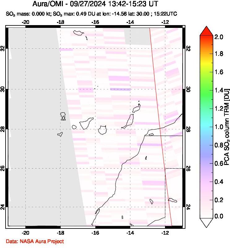 A sulfur dioxide image over Canary Islands on Sep 27, 2024.