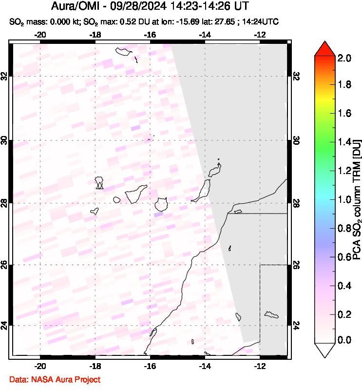 A sulfur dioxide image over Canary Islands on Sep 28, 2024.