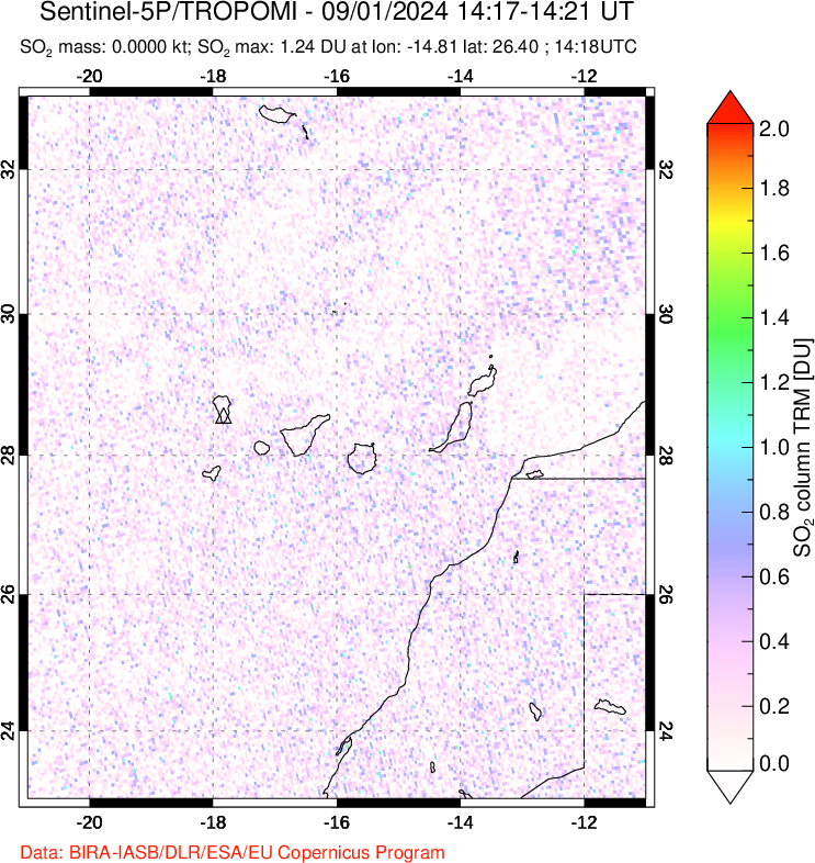 A sulfur dioxide image over Canary Islands on Sep 01, 2024.