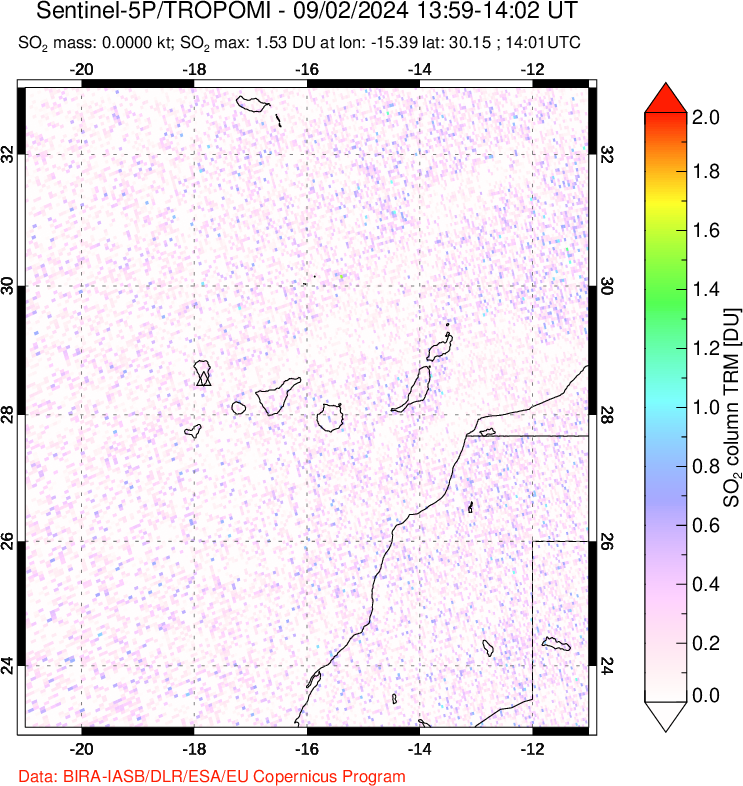 A sulfur dioxide image over Canary Islands on Sep 02, 2024.