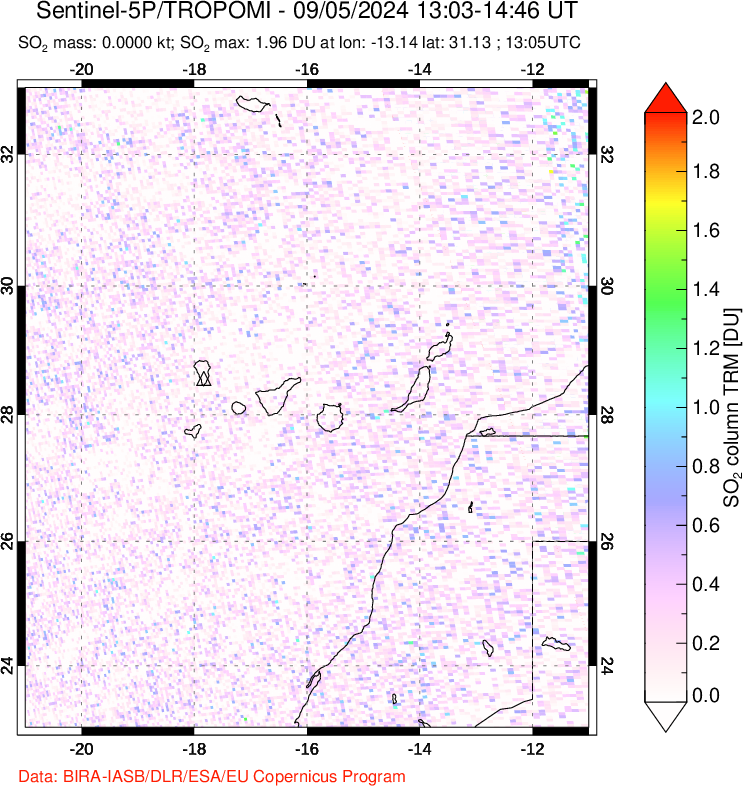 A sulfur dioxide image over Canary Islands on Sep 05, 2024.