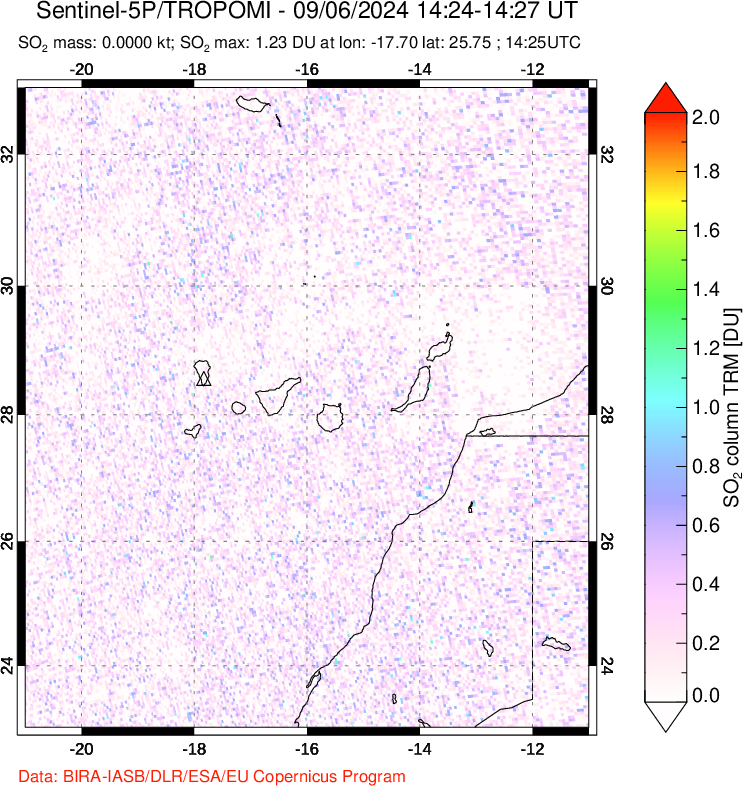 A sulfur dioxide image over Canary Islands on Sep 06, 2024.