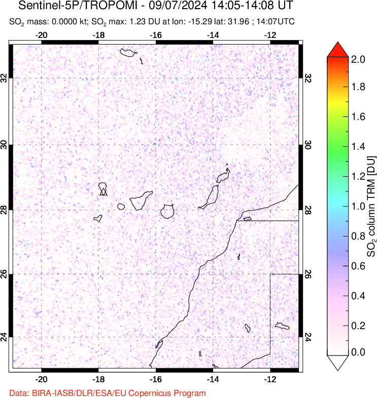 A sulfur dioxide image over Canary Islands on Sep 07, 2024.