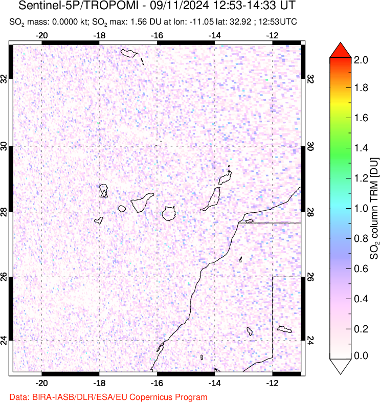 A sulfur dioxide image over Canary Islands on Sep 11, 2024.