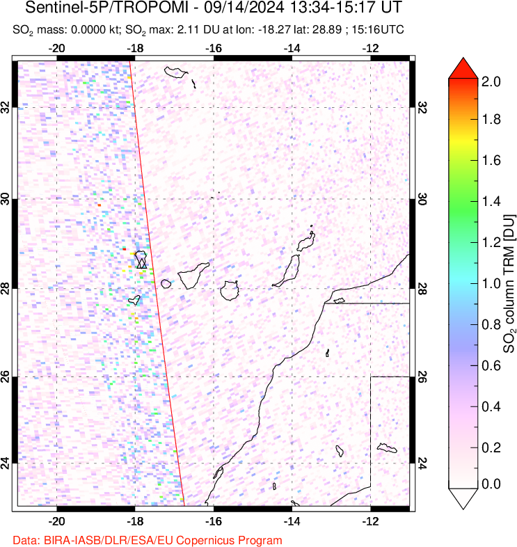 A sulfur dioxide image over Canary Islands on Sep 14, 2024.