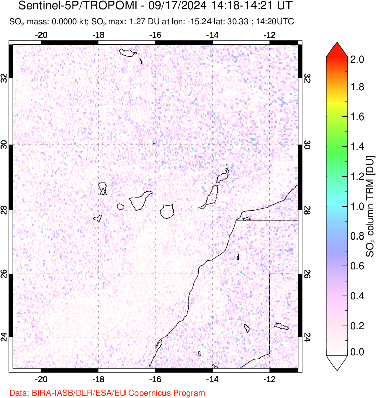 A sulfur dioxide image over Canary Islands on Sep 17, 2024.