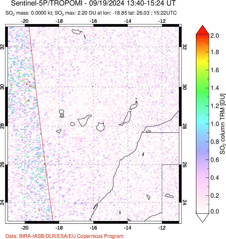 A sulfur dioxide image over Canary Islands on Sep 19, 2024.