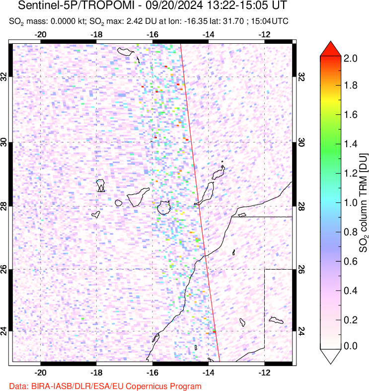 A sulfur dioxide image over Canary Islands on Sep 20, 2024.