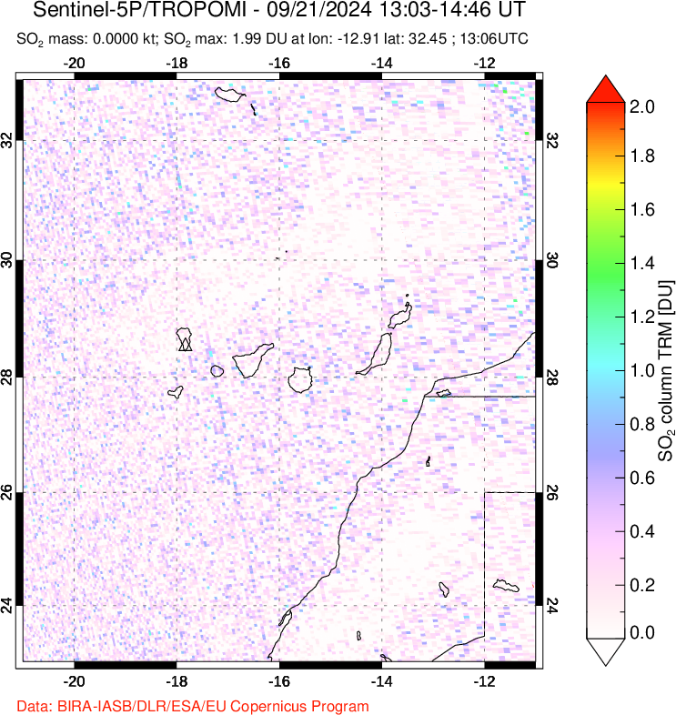 A sulfur dioxide image over Canary Islands on Sep 21, 2024.