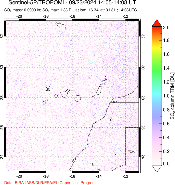 A sulfur dioxide image over Canary Islands on Sep 23, 2024.