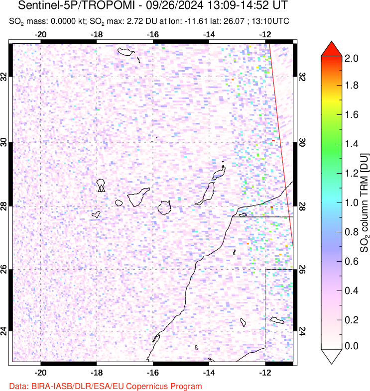 A sulfur dioxide image over Canary Islands on Sep 26, 2024.