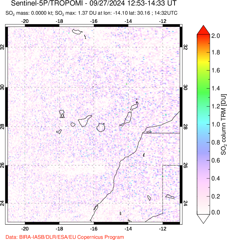 A sulfur dioxide image over Canary Islands on Sep 27, 2024.