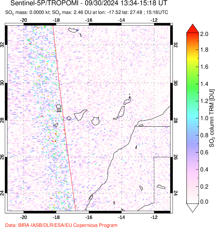 A sulfur dioxide image over Canary Islands on Sep 30, 2024.