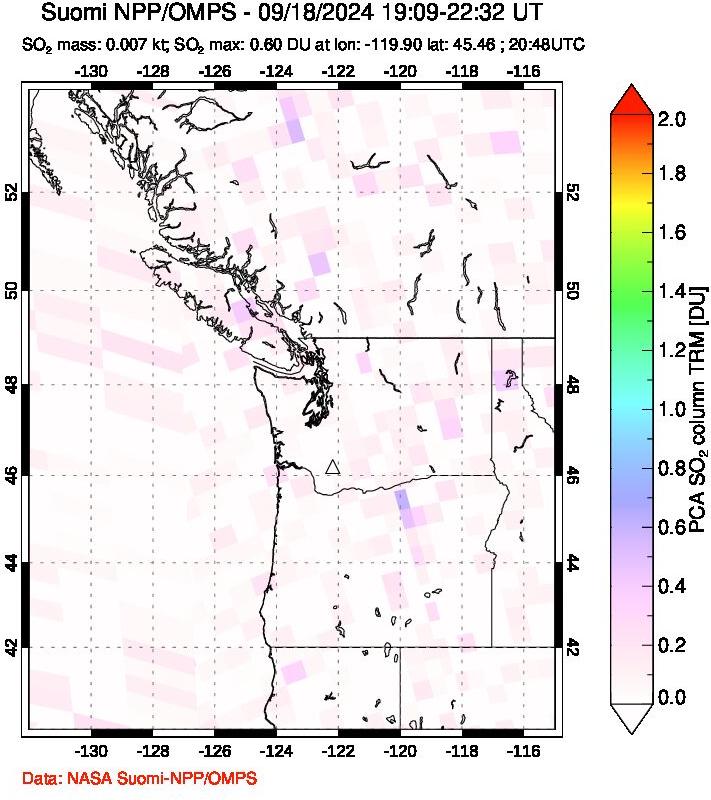 A sulfur dioxide image over Cascade Range, USA on Sep 18, 2024.