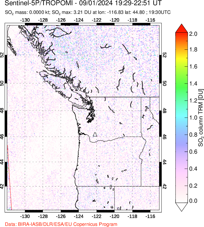 A sulfur dioxide image over Cascade Range, USA on Sep 01, 2024.