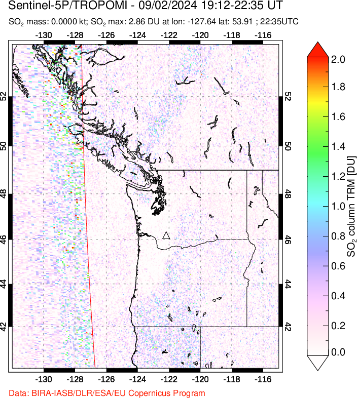 A sulfur dioxide image over Cascade Range, USA on Sep 02, 2024.