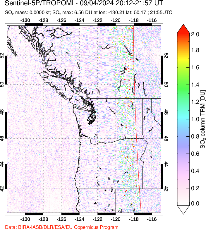 A sulfur dioxide image over Cascade Range, USA on Sep 04, 2024.