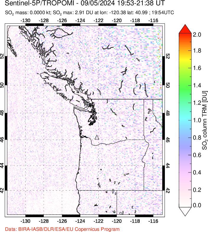 A sulfur dioxide image over Cascade Range, USA on Sep 05, 2024.