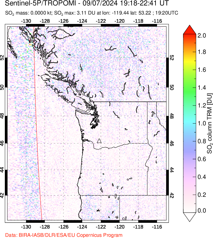 A sulfur dioxide image over Cascade Range, USA on Sep 07, 2024.