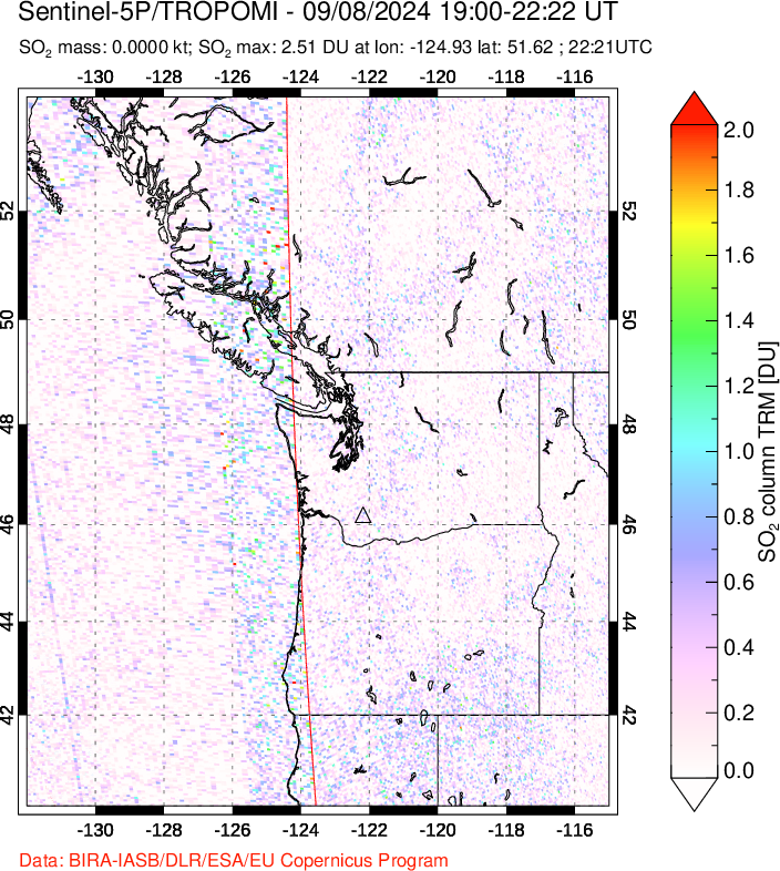 A sulfur dioxide image over Cascade Range, USA on Sep 08, 2024.