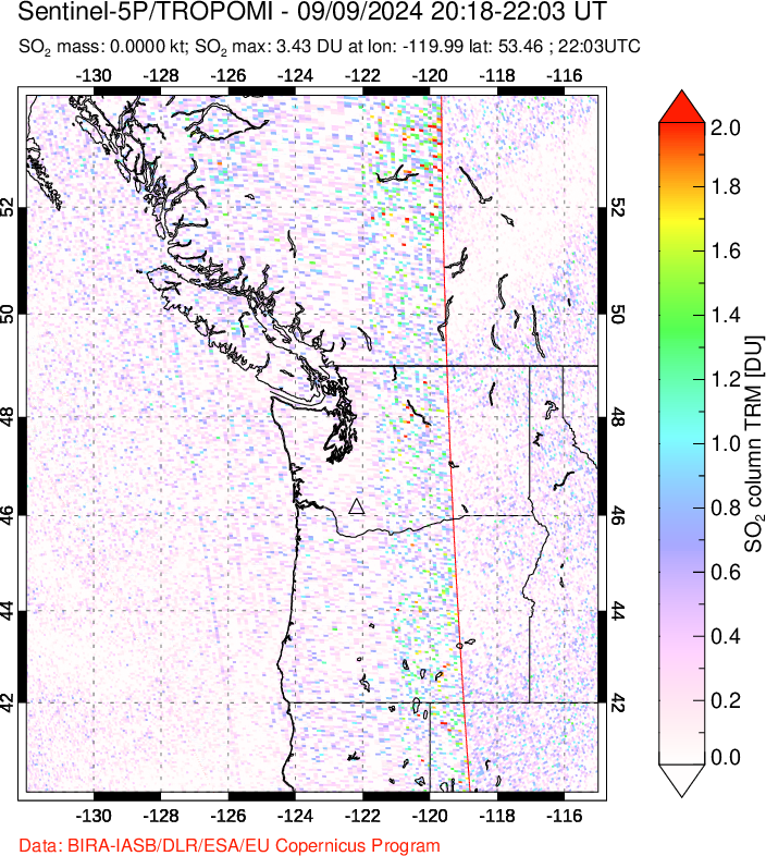 A sulfur dioxide image over Cascade Range, USA on Sep 09, 2024.