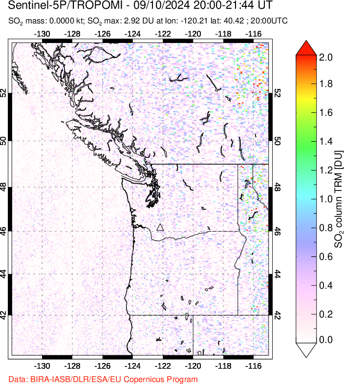 A sulfur dioxide image over Cascade Range, USA on Sep 10, 2024.